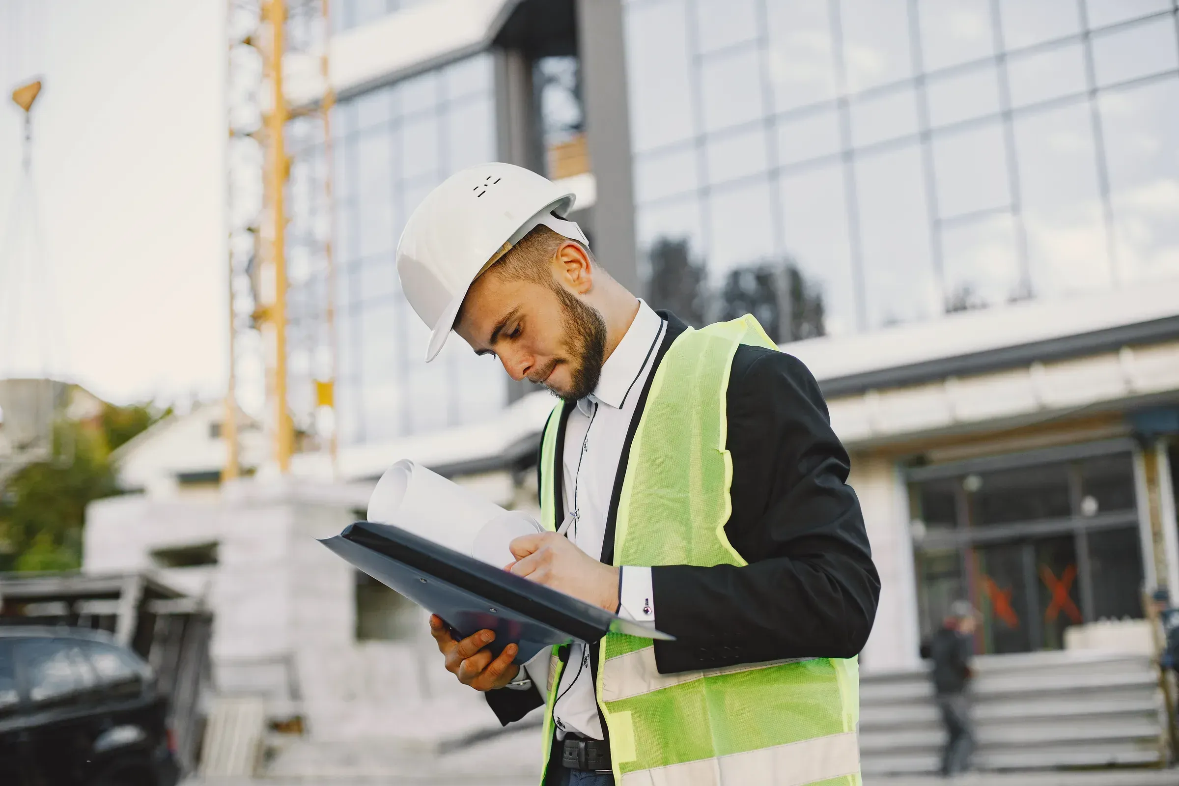 Engineer analyzing building project